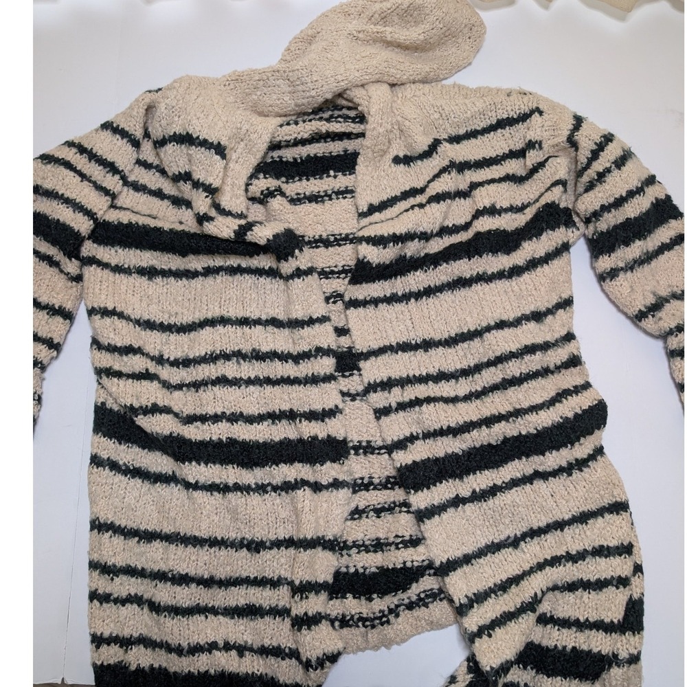 Knox Rose Women XXL Cream Black Striped Hooded OpenFront Boucle Cardigan Sweater